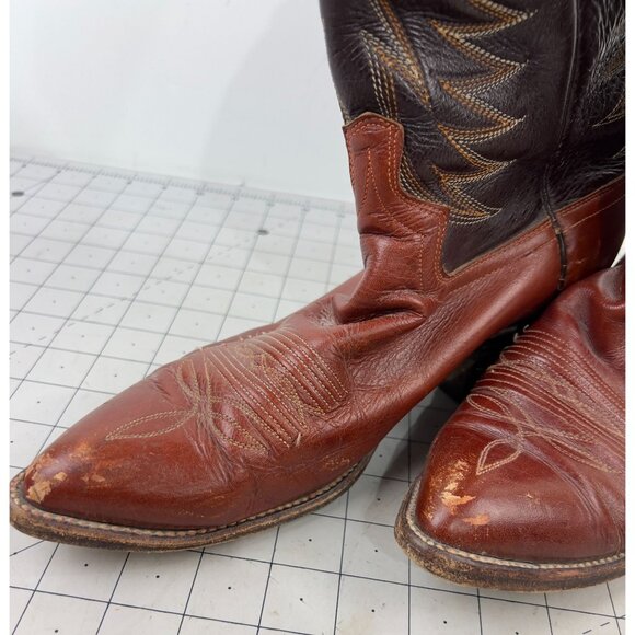 Vintage Dan Post Western Cowboy Boots Leather Sole Men's Size 8 Brown & Tan - Picture 2 of 14